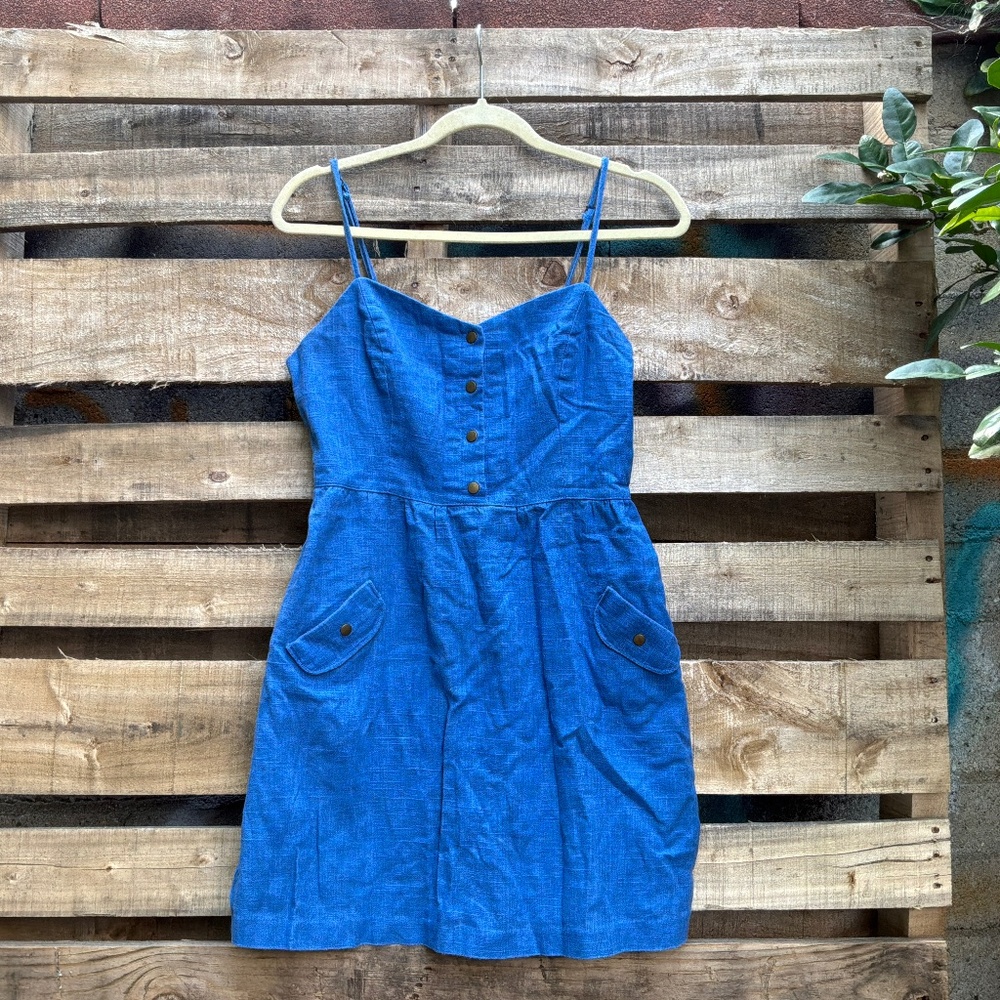 Blue Linen Blend Button Front Dress